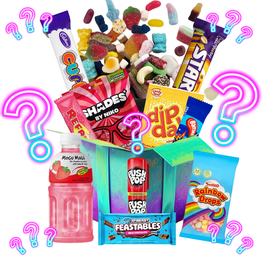 Mystery Retro Sweets Box which could contains British Retro Sweets, TikTok Trending Candies, Japanese Snacks, American Candy, Soft Drinks and More