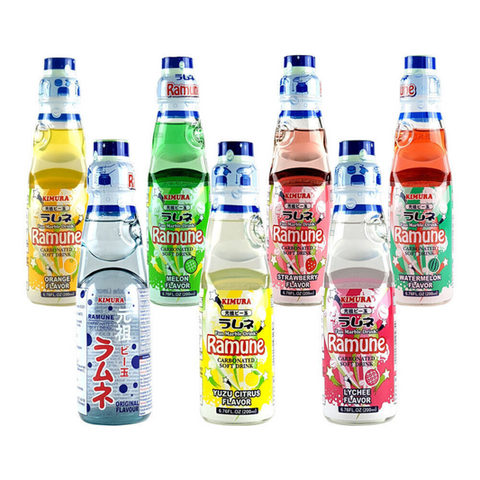 Bundle of Kimura Ramune in Orange Melon Strawberry Waterlemon Original Yuzu Citrus and Lychee Flavours.  The Japanese marble bottle drink.